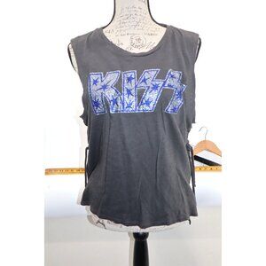 KISS Lucky Brand Womens Gray Sleeveless Tank Top Blue Glitter Side Lace Size L